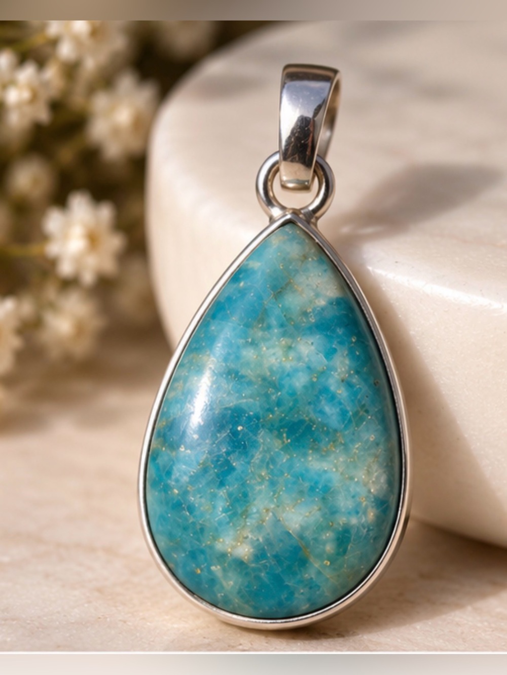 925 Sterling Silver Teardrop Blue Turquoise Pendant